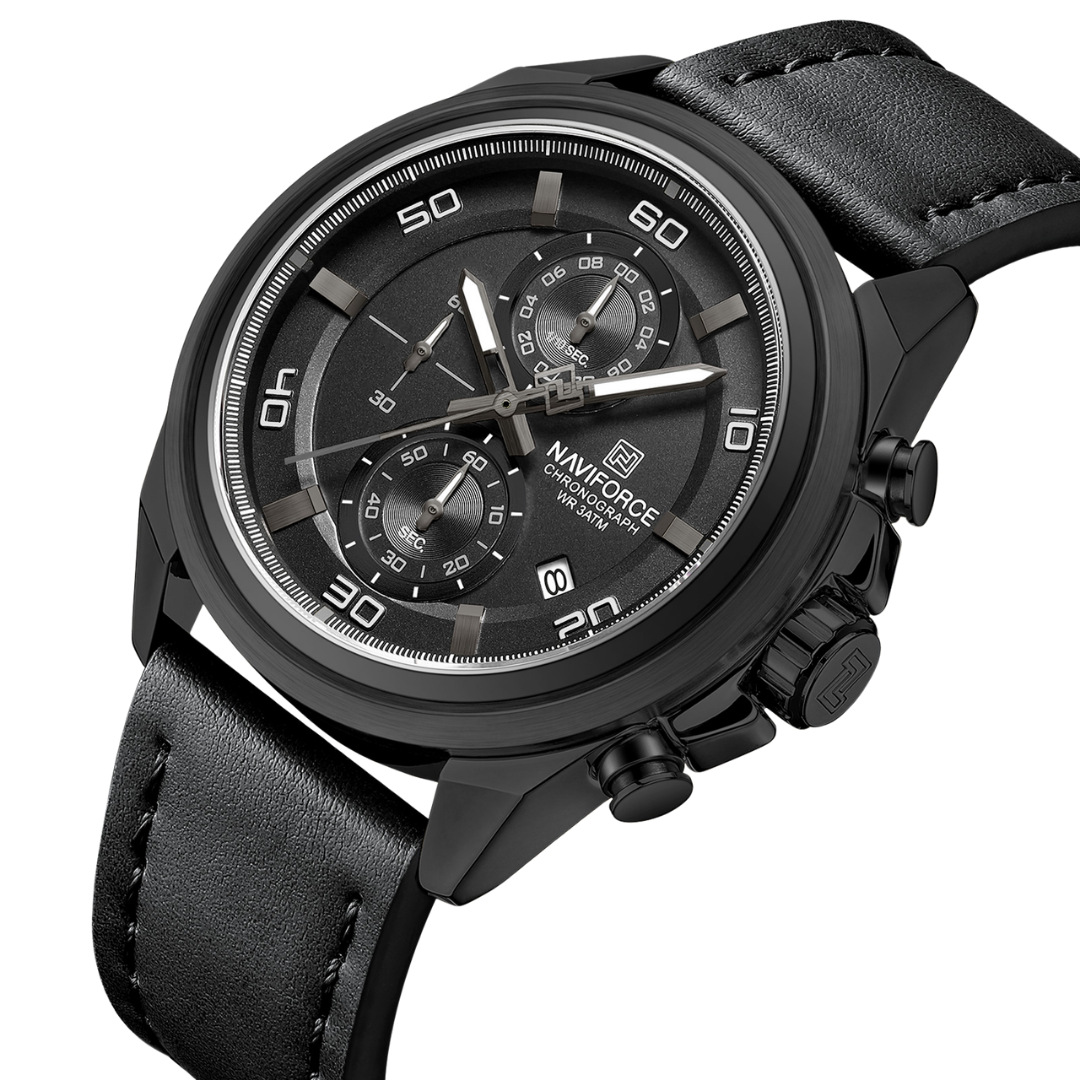 Reloj NAVIFORCE para Hombre Correa Cuero Negro Con Cronógrafo NF8075