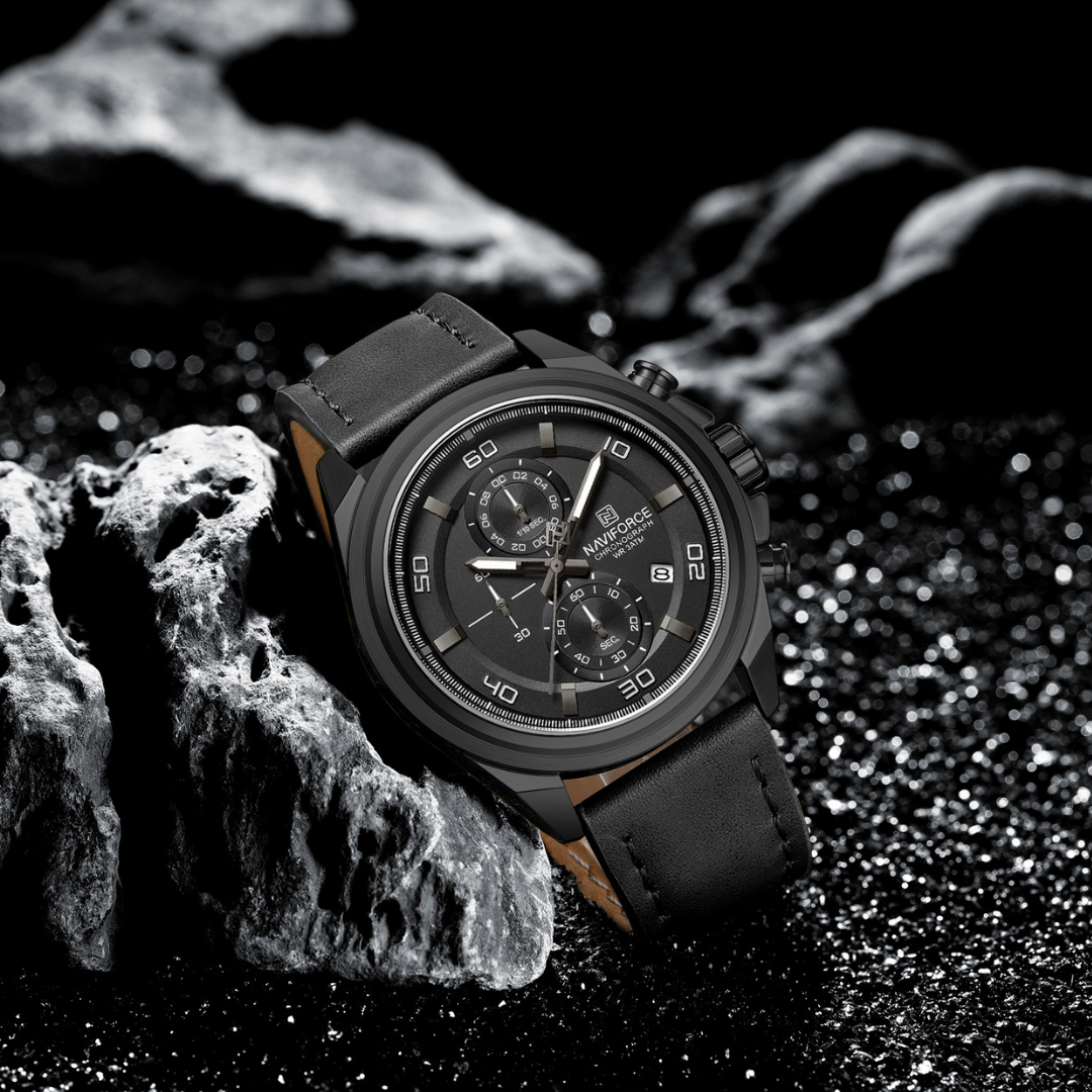 Reloj NAVIFORCE para Hombre Correa Cuero Negro Con Cronógrafo NF8075